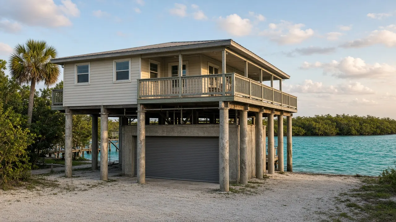 Raised coastal house with a ground-level garage door. Brand photograph, not a customer job.